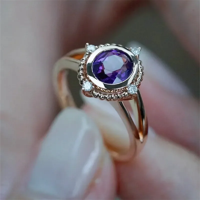 

Gorgeous Exquisite Style Rose Gold Color Imitation Purple Zircon Ring Women High End Banquet Jewelry Rings Artistic Temperament