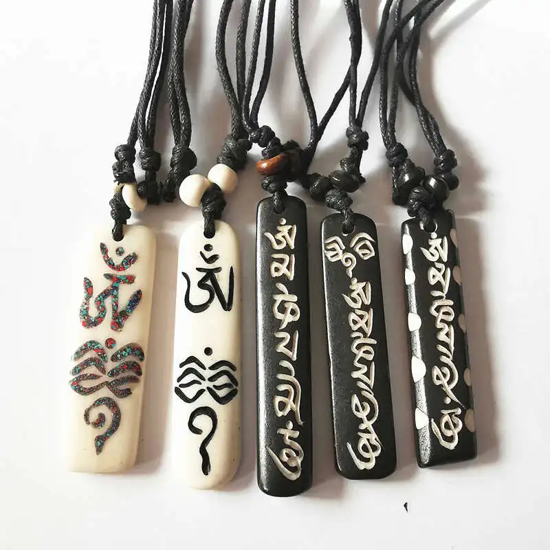 TNL353 Tibetan Yak Bone Carved Mantras Amulets Long Bar Pendant Necklace OM MANI PADME HUM Buddha Eye