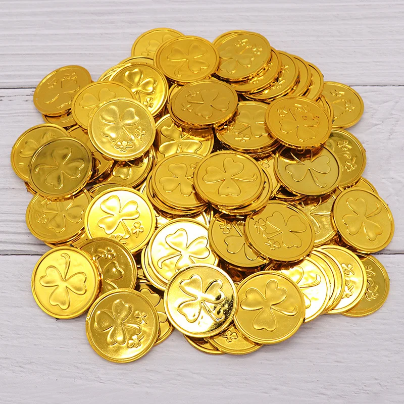 20/50/100pcs Clover Pattern Plastic Coin Fake Treasure Gift Simulation Coin Festival Decor Birthday Toys Kids Party Supplies