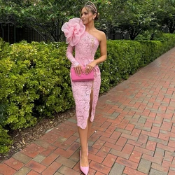 Pink One Shoulder Long Sleeve Cocktail Dress Delicate Lace Sheath Tea-Length Sexy Side Slit with Handmade Large Flower Gowns