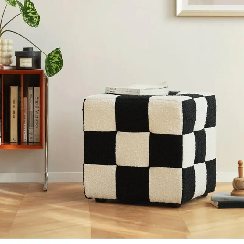 

Nordic checkerboard shoe stool home door shoe stool Internet celebrities ins bedroom makeup stool