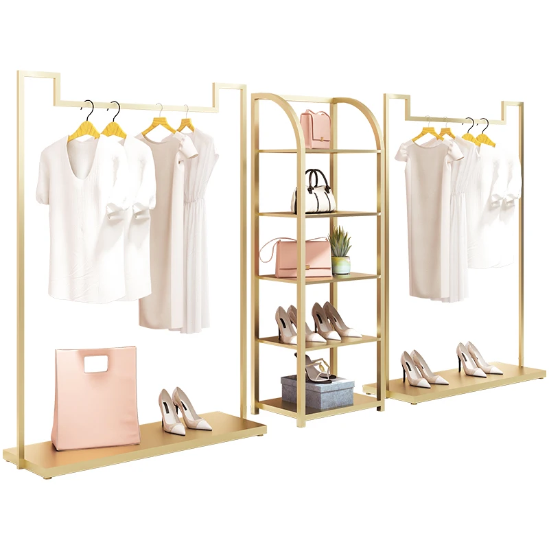 Custom. Custom Garment Stand Golden Clothing Rack Floor Standing Women Clothes Store Display Shelf Bag Rack