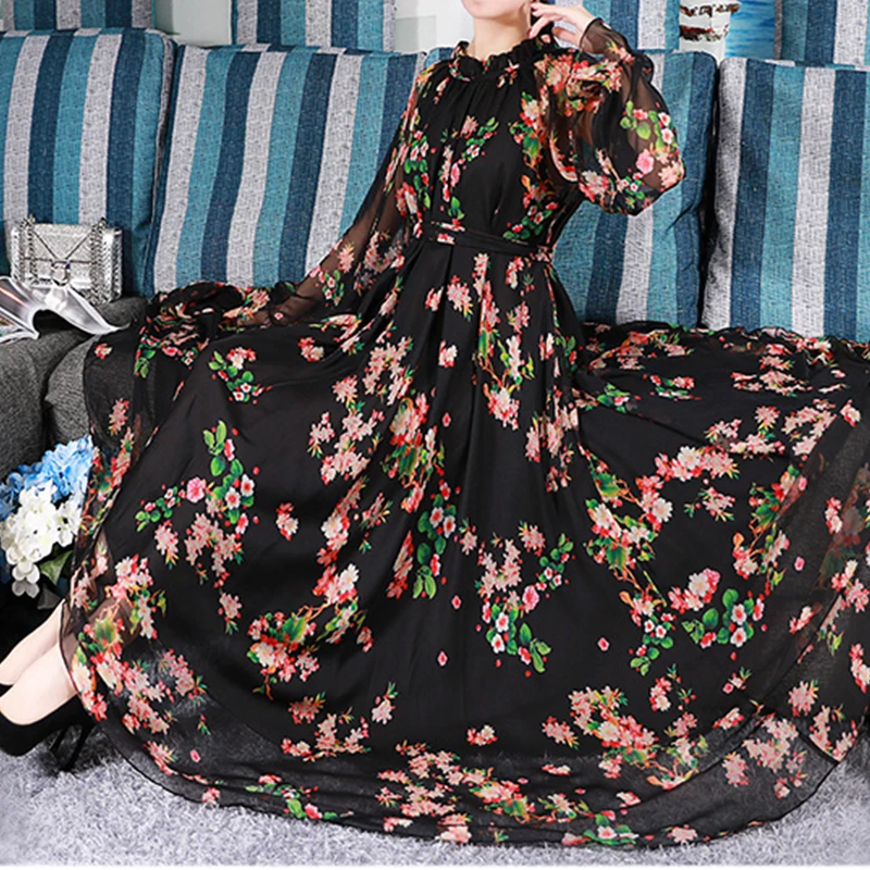 2024 New Floral Print Party Long Dress Women Vestidos Elegant Pleated Chiffon Kaftan Muslim Abaya Islamic Clothing Arab Robes