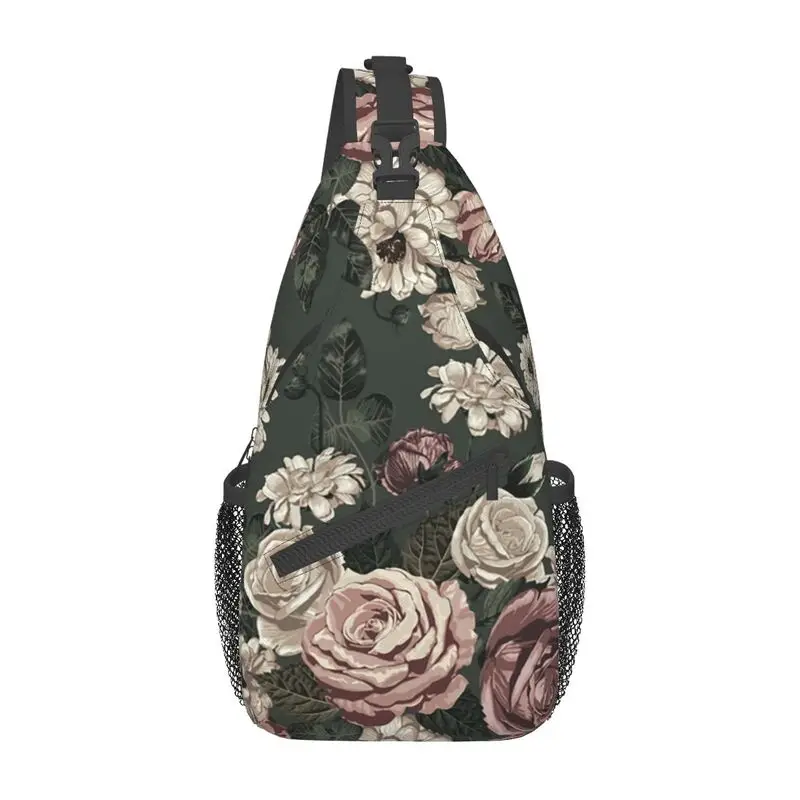 Vintage rosas delicadas padrão Sling peito saco personalizado flor Floral ombro Crossbody mochila para homens viagens caminhadas Daypack