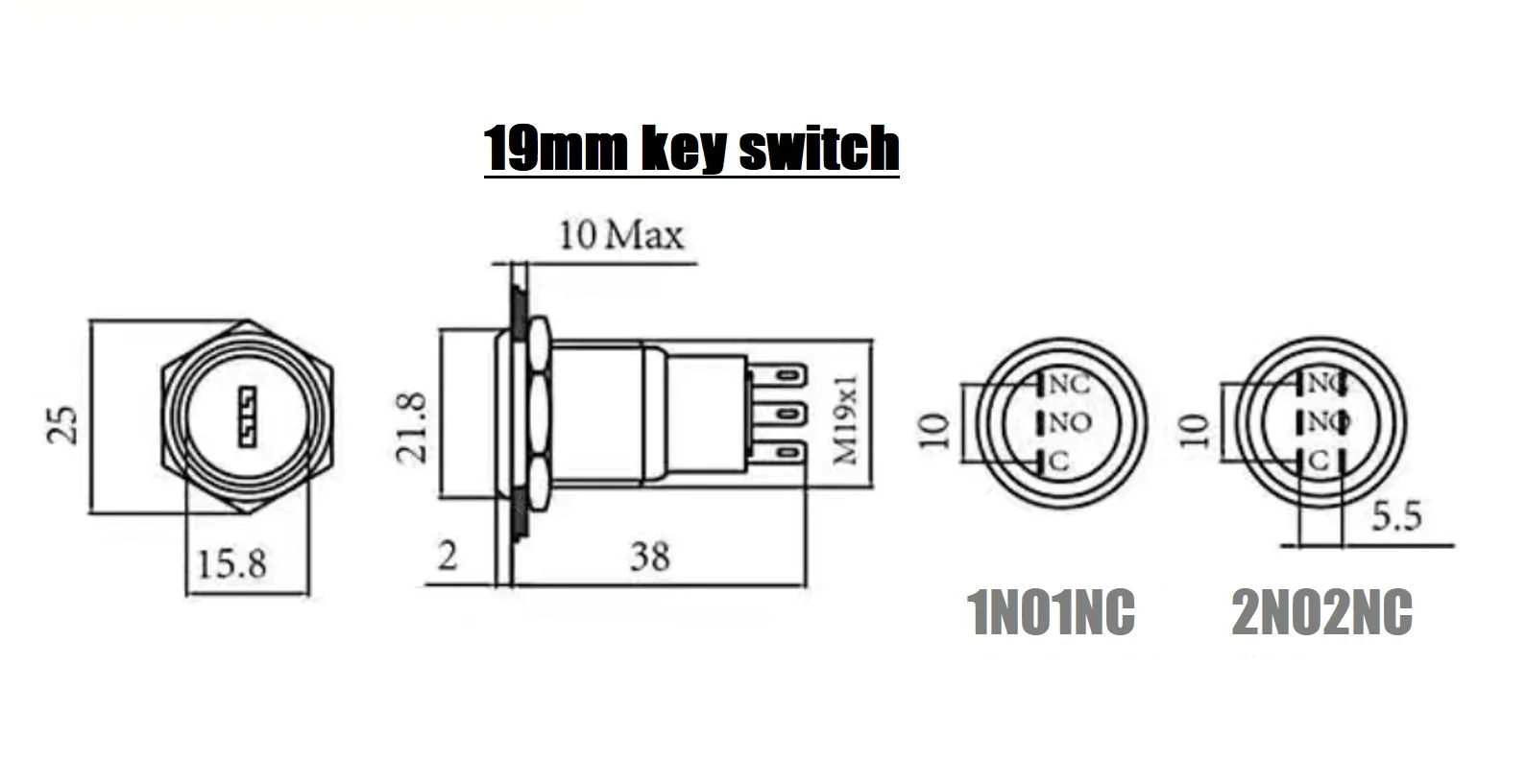 19mm Lock Switch 1NO1NC 2Position Metal Switch With Keys IP66 250V 5A ON OFF ON KS Electrical Key Rotary Switch