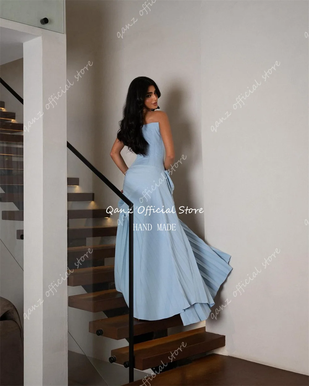 Qanz Blue Arab Evening Dresses Strapless Vestidos De Fiestas Elegantes Mujer Saudi Arabia Party Ggown for Women Customized