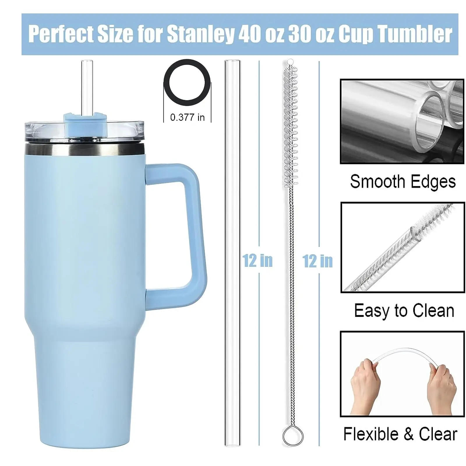 6 Pack Replacement Straws for 40 oz Stanley Adventure Travel Tumbler Cup, Reusable Straws Colored Plastic Straws with Cleaning view 2