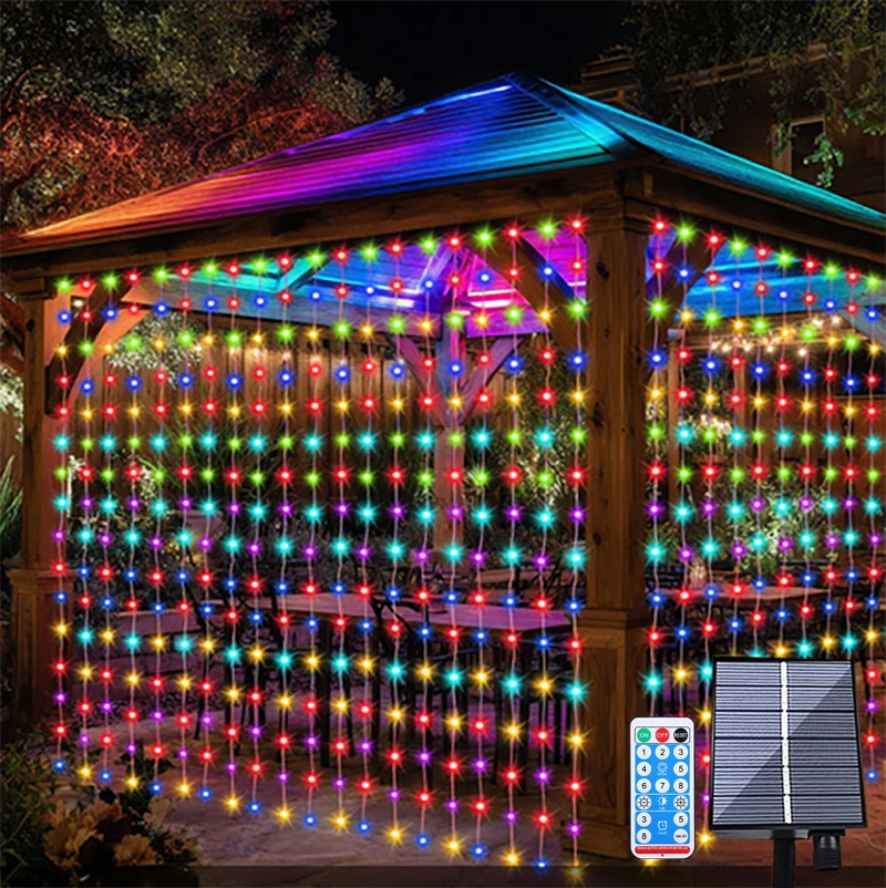 Solar-Lichtvorhänge für den Außenbereich, wasserdicht, 10x10 Fuß, 300 LEDs, warmweiß, mehrfarbig, kaltweiß, Lichterketten mit dimmbarer Fernbedienung, Timer und Speicherfunktion, Solar-Gartenlampe mit