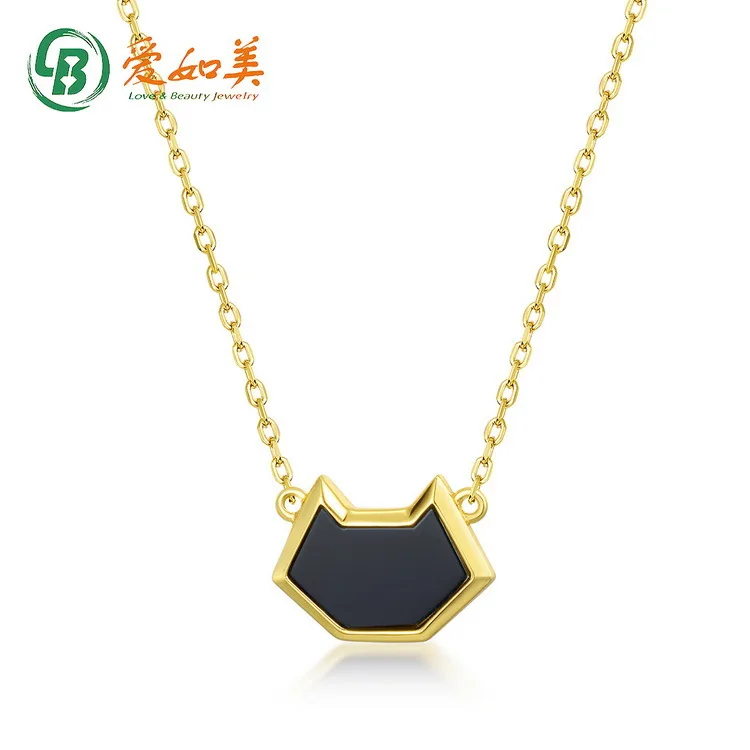 

Black Agate Little Black Cat Silver Necklace 18K Gold PT950 Platinum Silver Plated 7-Layer Gold Geometric Cat Head Necklace