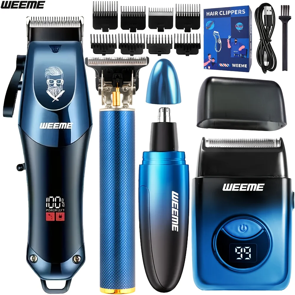 WEEME 4-in-1 Herren-Pflegeset Elektrischer Haarschneider Set Wiederaufladbarer Haarschneider Rasierer Nasenhaarschneider Digitales Display Friseur-Haarschneidemaschine