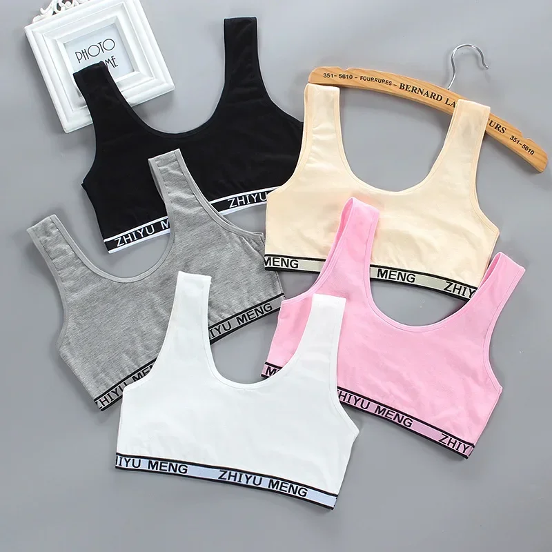 2PCS Cotton Teenage Girls Training Bras Puberty Adolesent Students Underwear Vest Brassiere Letters Wireless Children Tank Tops