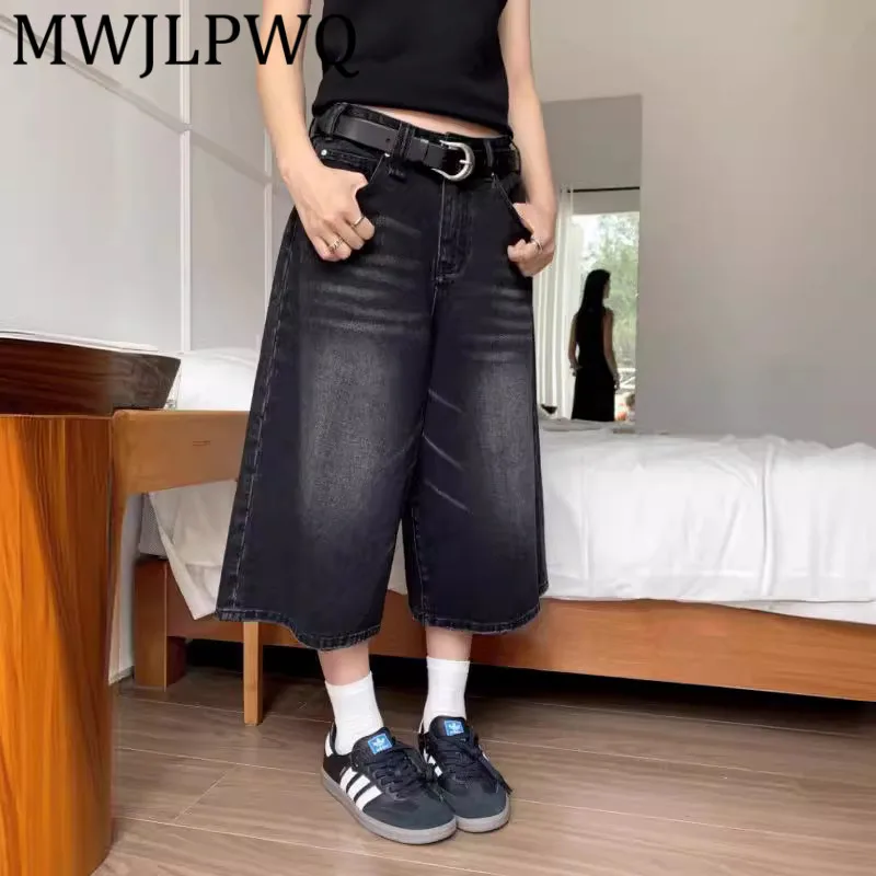 

MWJLPWQ American Style Black Denim Shorts For Men Summer High Street Loose Five-Point Straight-Leg Pants Plus Size Pants 12177