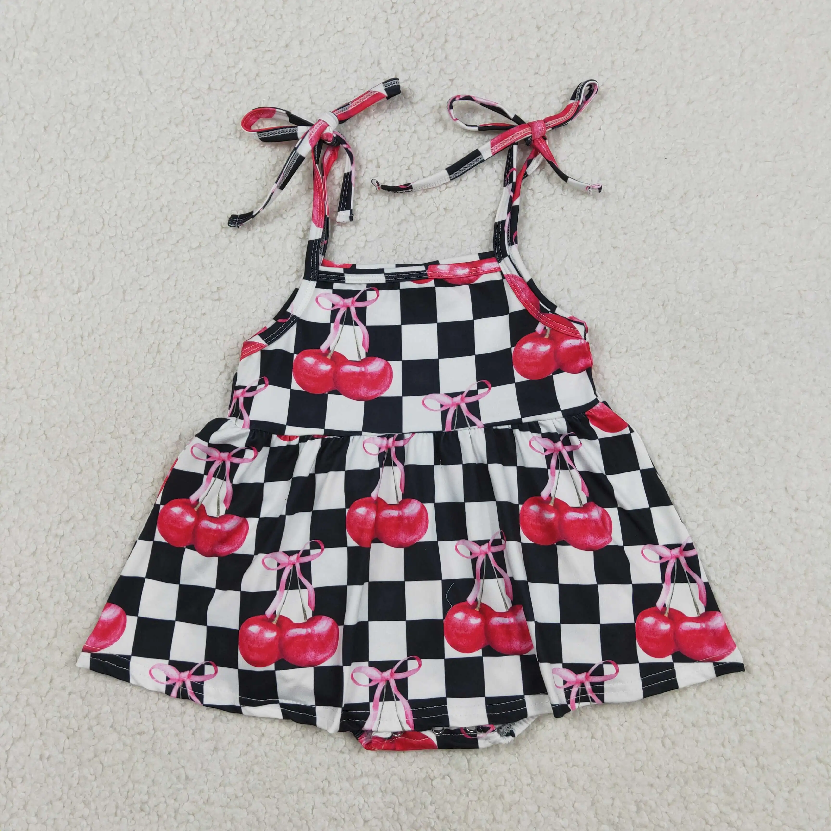 Wholesale Kid Toddler Cherry Bows Plaid Bubble Romper Children Girls Clothes Newborn Infant Coverall Baby Girl Summer Bodysuit