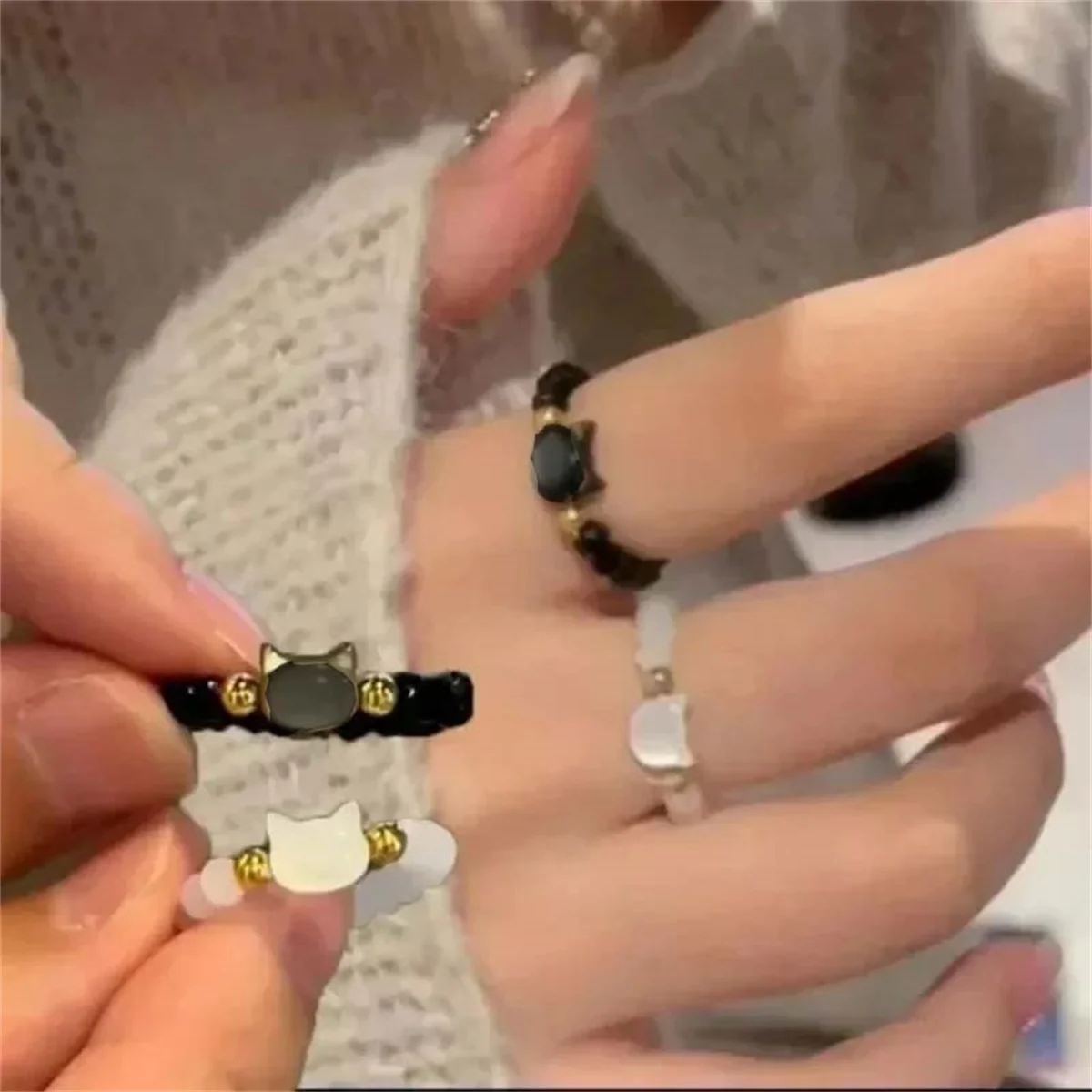 1pcs Natural Moonstone Obsidian Rings Beads Minimalist Fidget Ring Cute Black White Cat Ring Women Men Party Accessories Jewelry