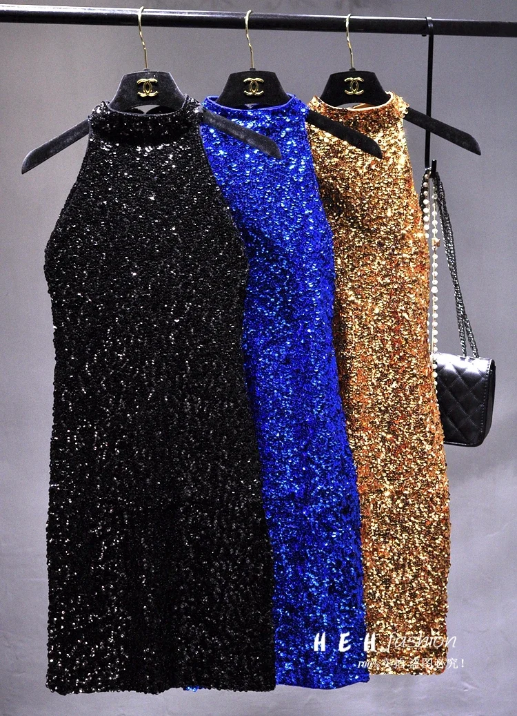 2024 New Sequins Sparkling Sexy Self-cultivation Stand-up Collar Vest Skirt Package Hips Slim Bottoming Skirt Sleeveless Dress