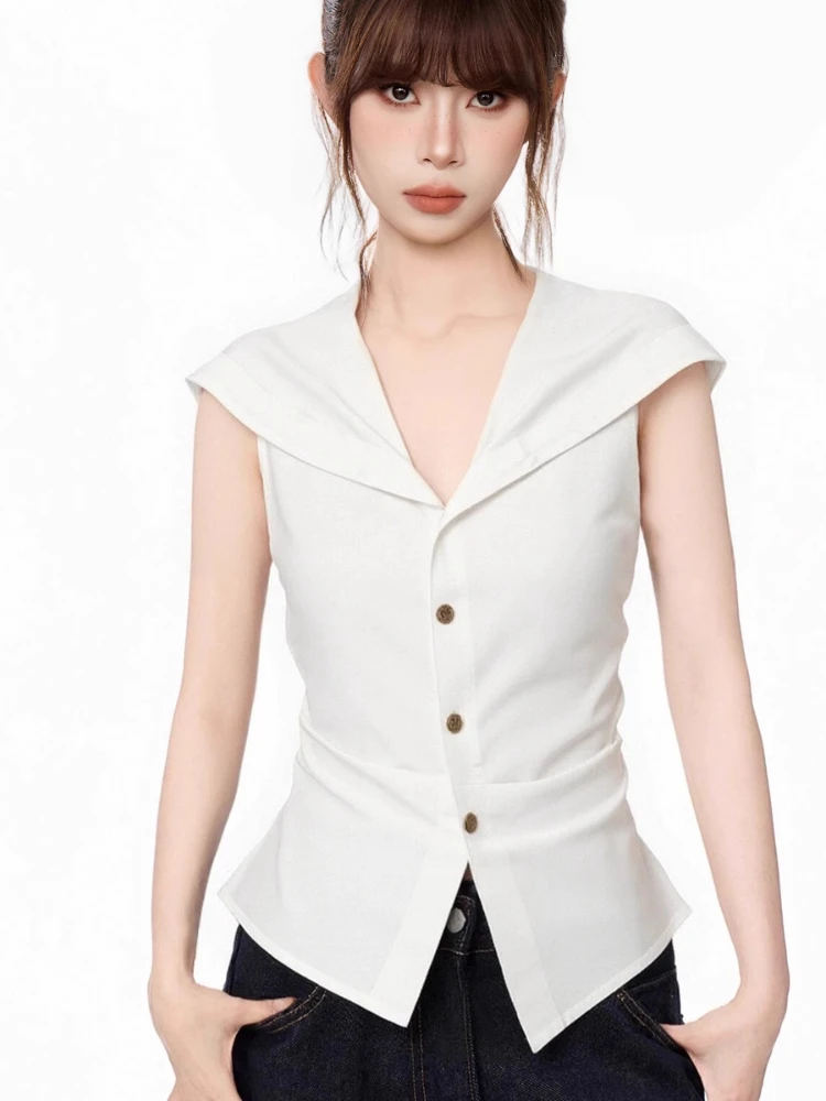 여성 탱크탑 화이트 네이비 칼라 민소매 셔츠 여성 여름 2025 신상 슬림핏 타이트 허리 블라우스 우아한 패션 숏 베스트 탑