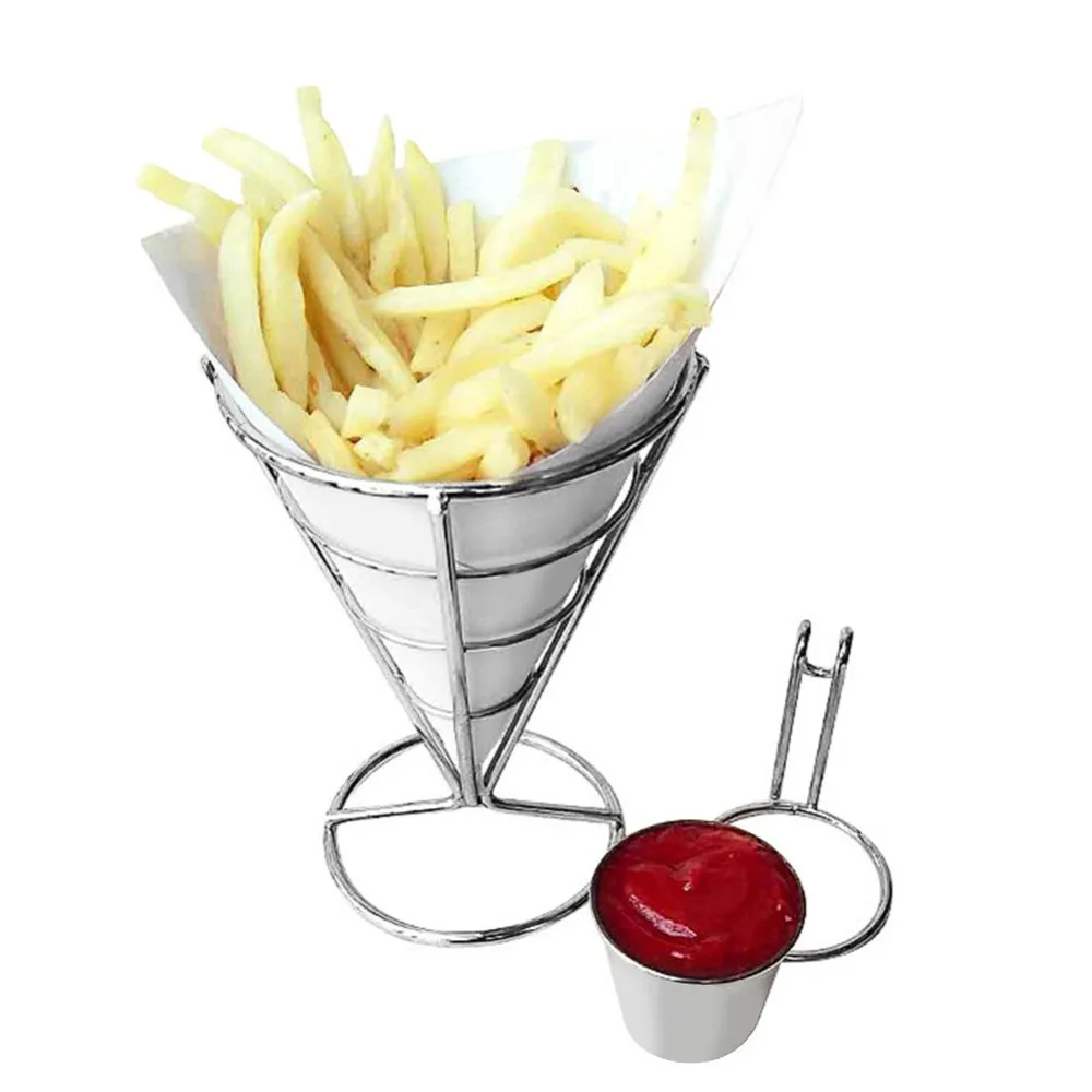 Durable Iron French Fry Cone Holder Sliver with Sauce Cup Fries Display Stand Convenient Study Fries Baskets Buffet Party