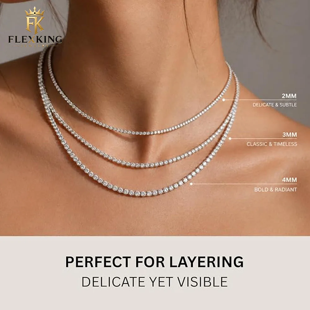 FLEXKING Brass VVS1 Lab Moissanite Tennis Chain 2mm 3mm 4mm Iced Out Necklace 18K Gold Silver Plated Hip Hop Unisex Jewelry