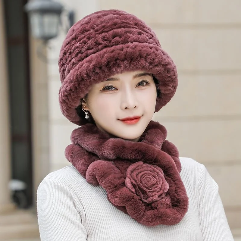 

Winter New Women's Rex Rabbit Skin Straw Hat Scarf Mom Gift Hat Warm Ear Protection Thickened Middle and Old Age Korean Edition