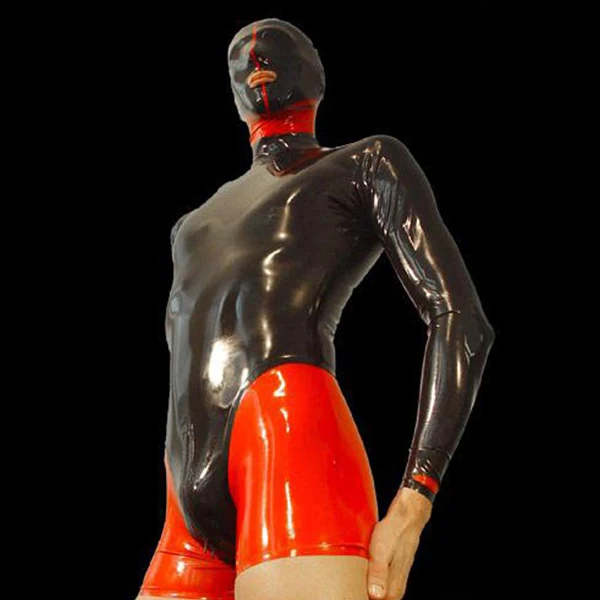 

Gummi Latex Mask Rubber Red and Black Boxer Jumpsuit Long Sleeve Suit With Zipper Size XXS-XXL