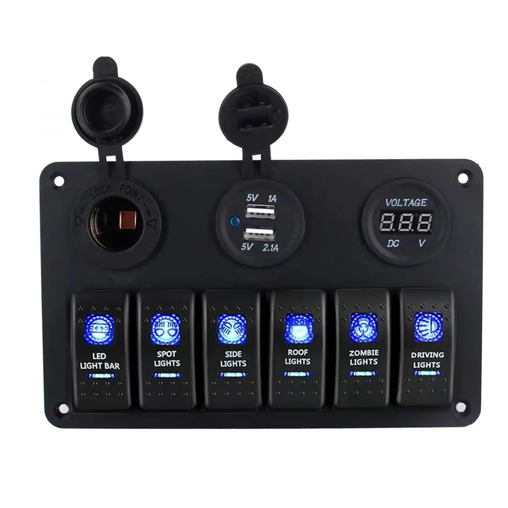 STTL 12V 6 Gang Blue LED Aluminium Waterproof RV Car Bus Yacht Marine Voltmeter Charger Socket Switch Panel