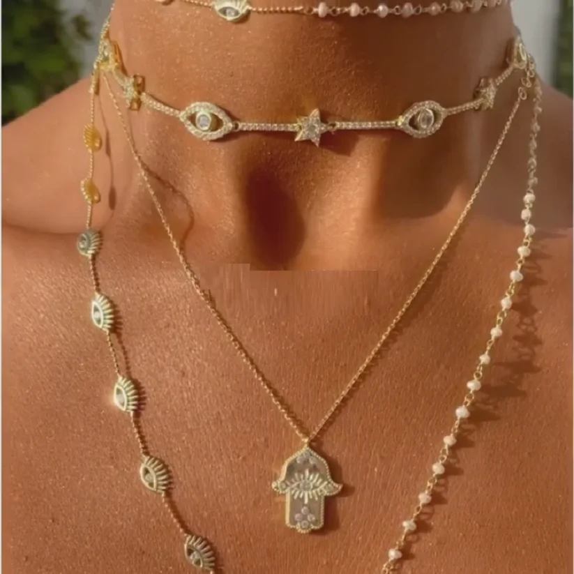 Bling Evil Eye and Star CZ Choker Necklaces for Women Paved Zircon Gold Silver Color Charm Necklace Fashion Jewelry for Party