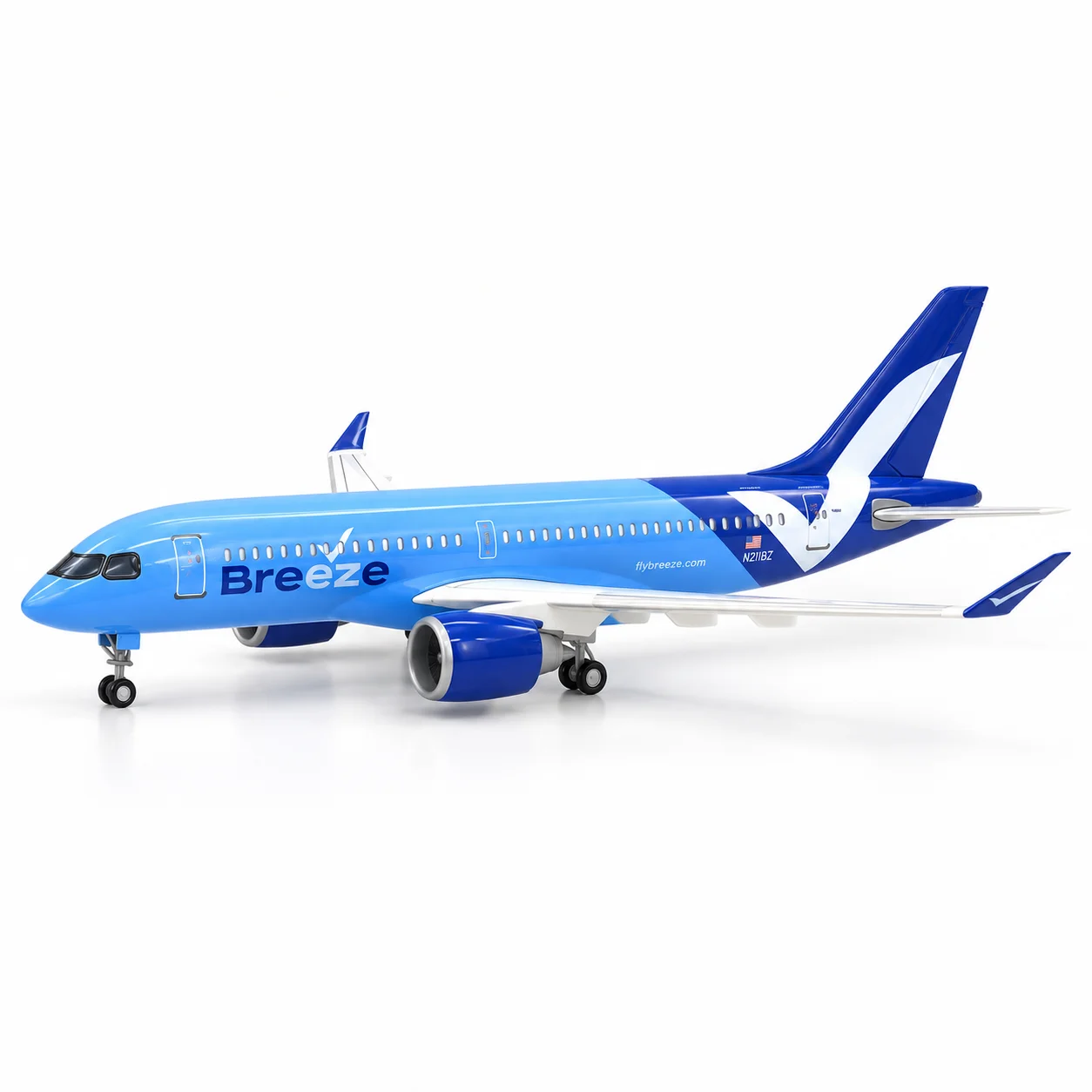 1:100 scale A220-300 Breeze Airlines Airplane Model 38cm Aircraft Replica with Stand Landing Gear Collectible Aviation Decor Gif
