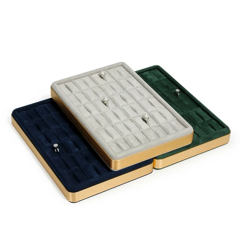 Metal Frame Velvet Finger Rings Show Stand Jewelry Storage Box Gray Pink Blue Green Tray Fashion