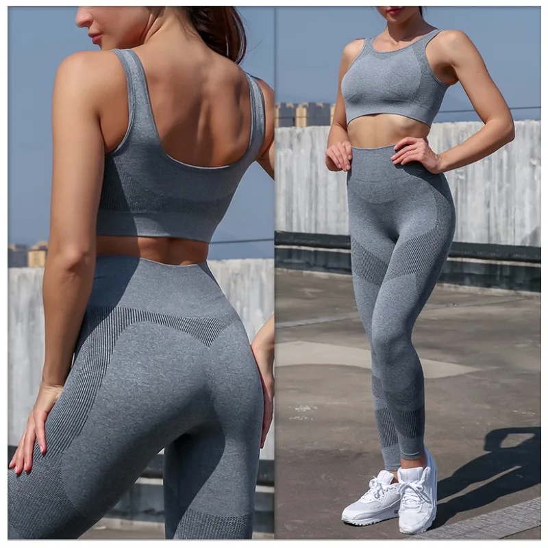 

Summer Seamless Tracksuit Women Gym Set Two Piece High Waist Leggings Sports Bra Top Fitness Outfit Running Training Suit Gray