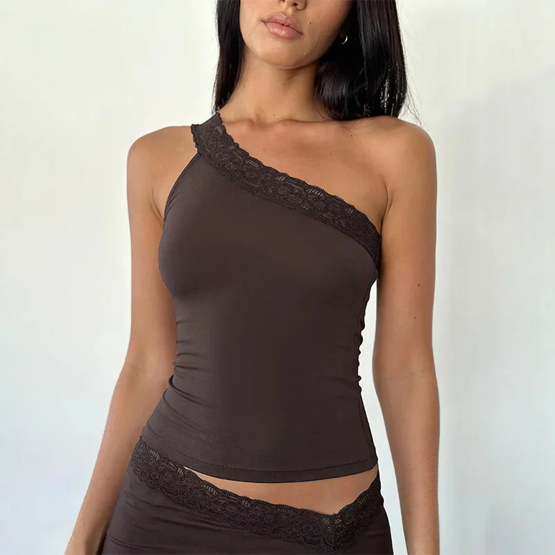 

Spring New Vest Fashion Style Street Spicy Girl Slanted Shoulder Lace Lace Patchwork Top