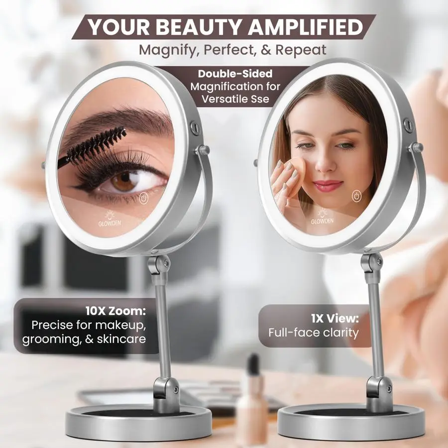 Miroir de maquillage à 9 lumières LED, rechargeable, miroir de courtoisie grossissant 1X 10X avec 3 lumières de couleur, hauteur réglable, grand haut 360