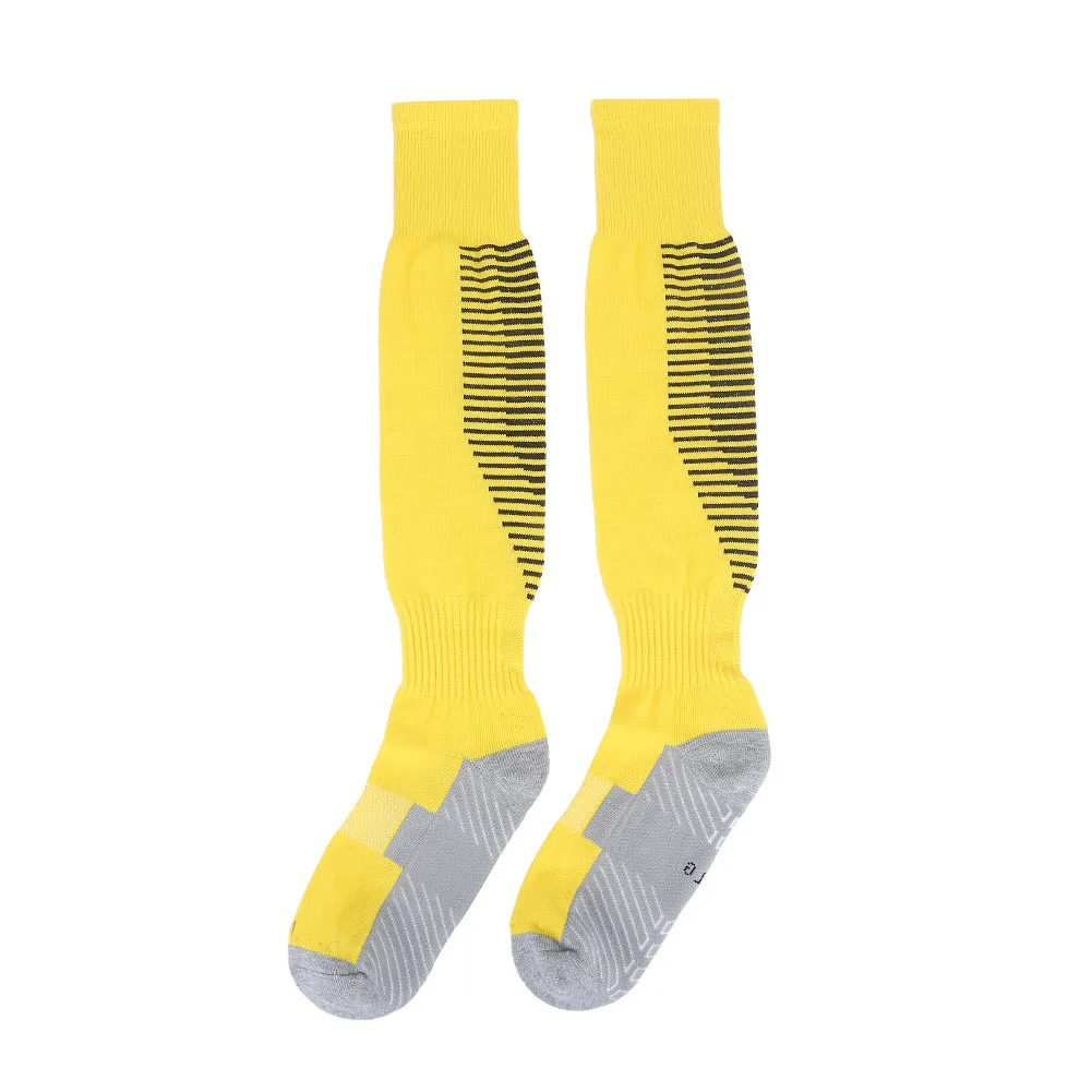 1 زوج مجموعة الرجال كرة القدم كرة القدم الرياضة الركبة عالية المضادة للانزلاق سميكة جوارب أنبوبية أصفر أسود المشارب البوليستر النايلون دنة حجم واحد