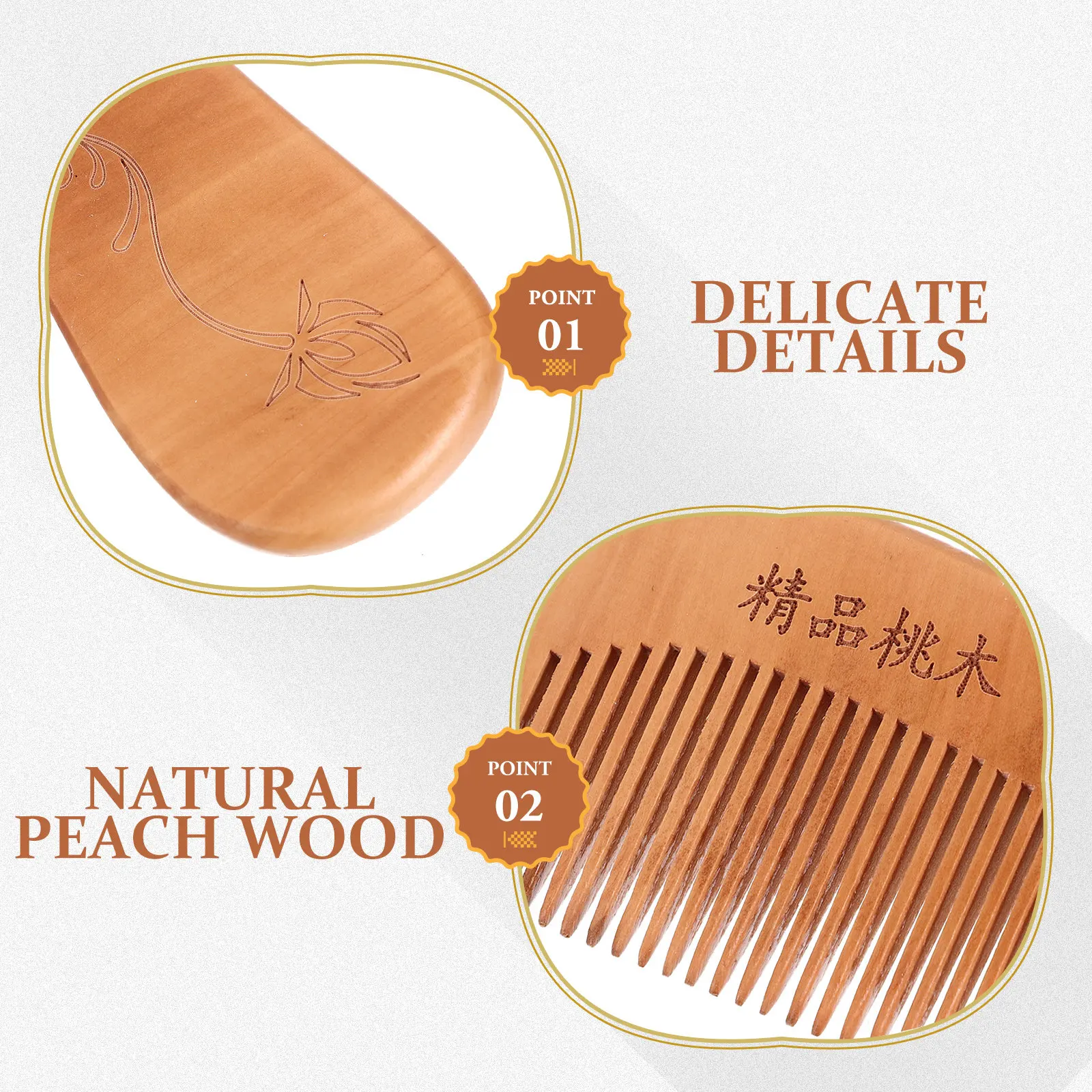 3Pcs Peach Wooden Hair Combs Natural Material Anti-Static Comb Smooth Teeth Scalp Massage Comb Prevent Comfortable Use