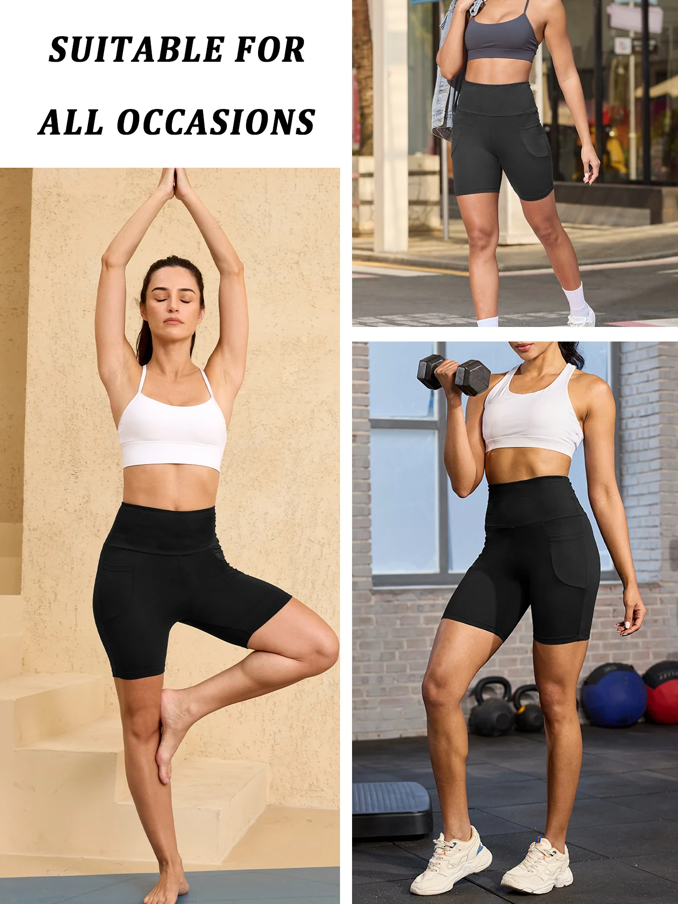 여성용 포켓 달린 운동 반바지. 5인치 하이웨이스트 바이커 스타일, 매우 부드러운 복부 보정, 비침 방지