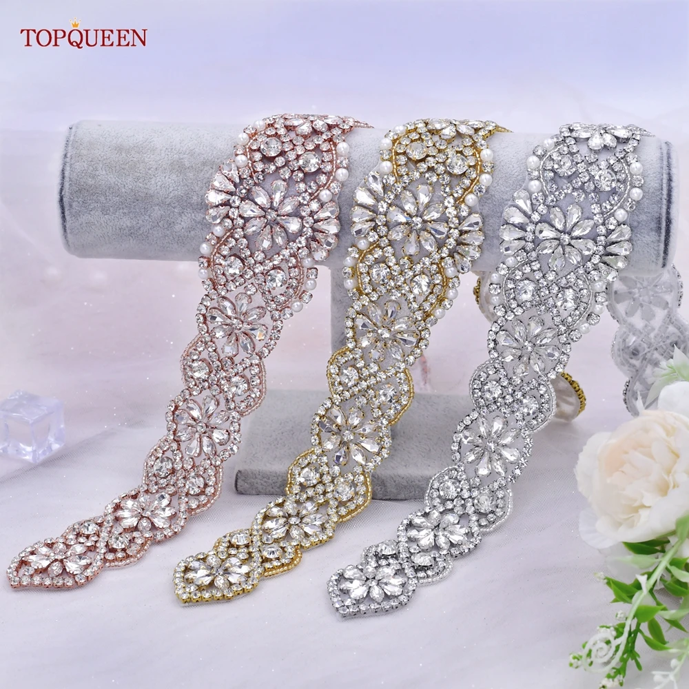 TOPQUEEN S161B Luxury Rhinestones Applique Handmade Bridal Women Belt Sew On Trims Dress Bags Clothes Decoration Accessories DIY