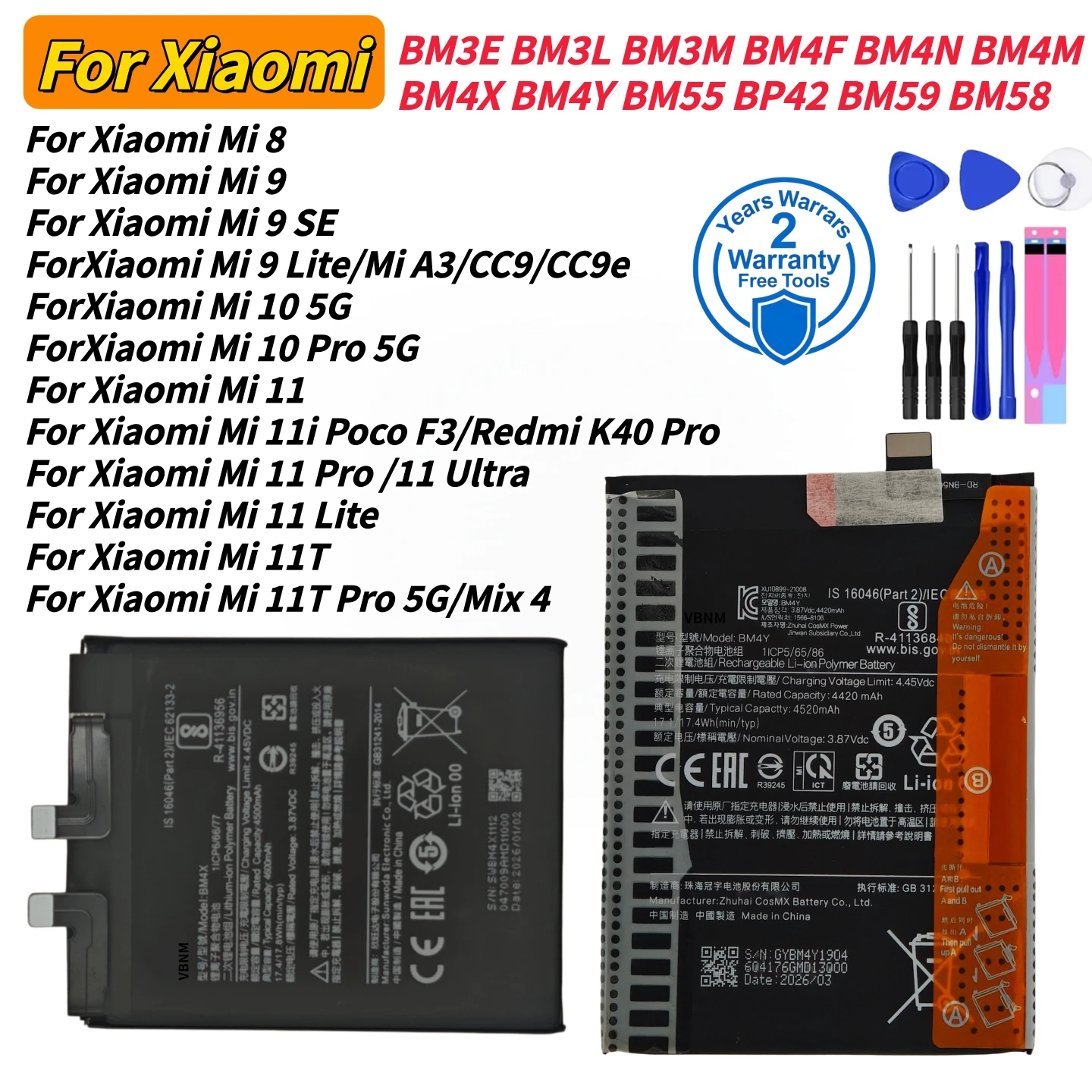100% newBattery For Xiaomi Mi 8 9 10 11 11i 11T Ultra SE Lite 5GBatteries BM4F BM4N BM4X BM4Y BM3L BM3M BP42 BM55 BM58 BM59+tool