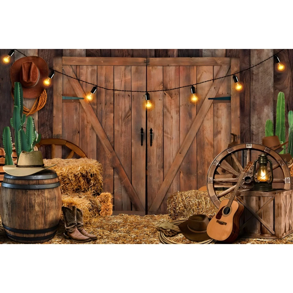 Western Cowboy Photography Backdrop Wild West Rustic Farm Barn Haystack Hay Bale Wheel Kids Baby Birthday Party Photo Background