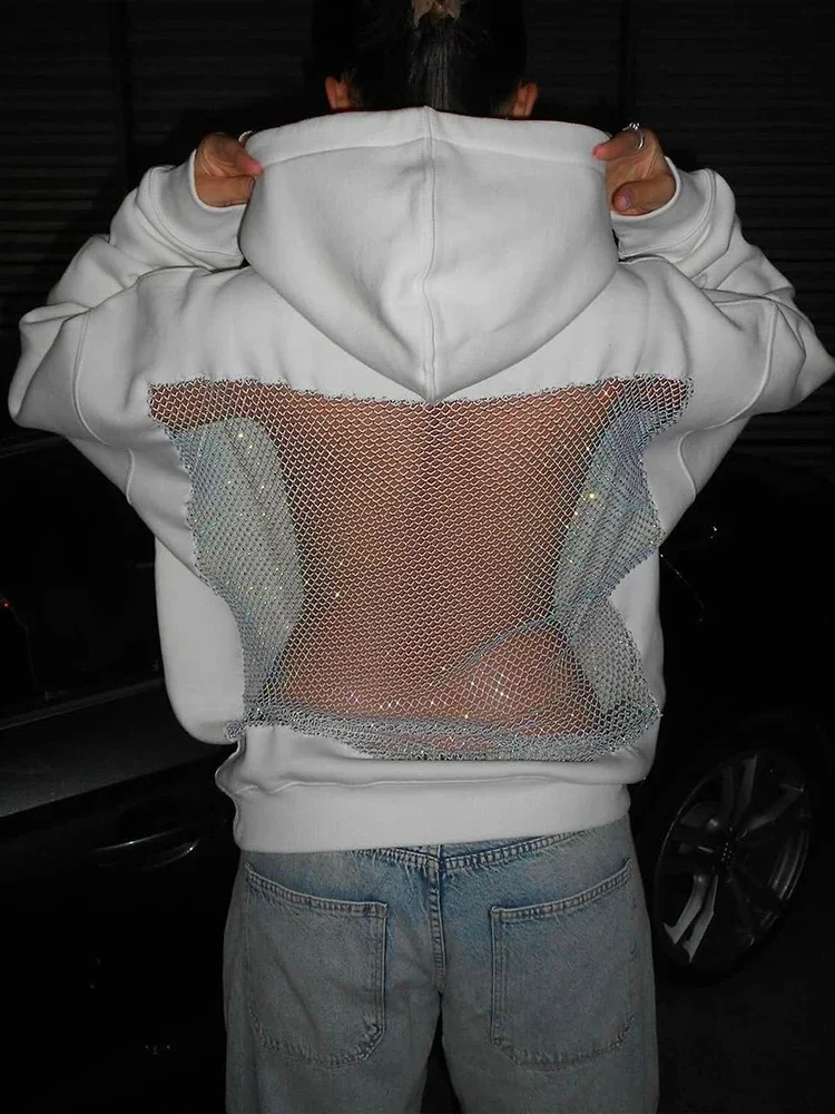 

FDEY 2026 Hooded Harajuku Sweatshirt Women Autumn Trend Backless ShinyThrea Mesh Patchwork Casual Street Hipster Pulloverr