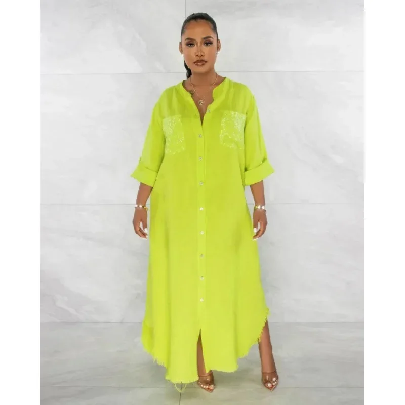 Women Shirt Dress Single Breasted Tassel Splice Long Dresses Maxi Loose Y2k Full Sleeve V Neck Solid Vestidos Casual Spring