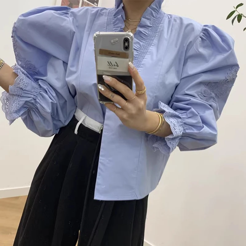 Ele V-ne Single-button Hollow out Long Sve Chic irt Women's Loose Fit Commute Sle Korean Version Spring 2024