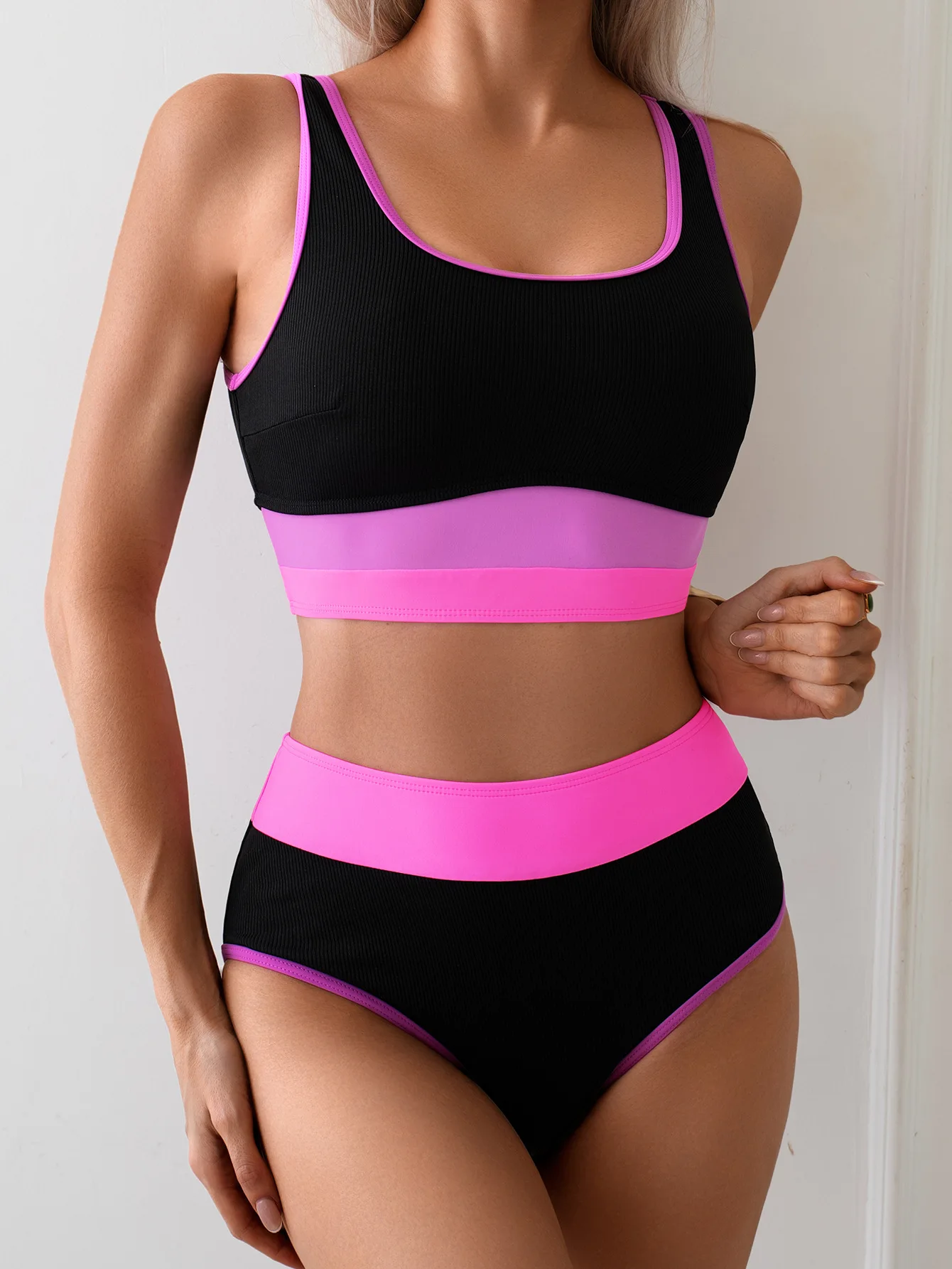 

Athletic Bikini Set for Swimming Supportive High Waisted Two Piece with Color Block Vest Tops High Waist Panties Sport Beachwear