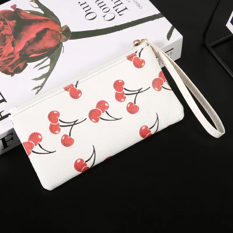Pu Leather Card Holder Stylish Women'S Wallet Cherry Coin Purse Multifunctional Retro Zipper Wallet For Shopping Vintage