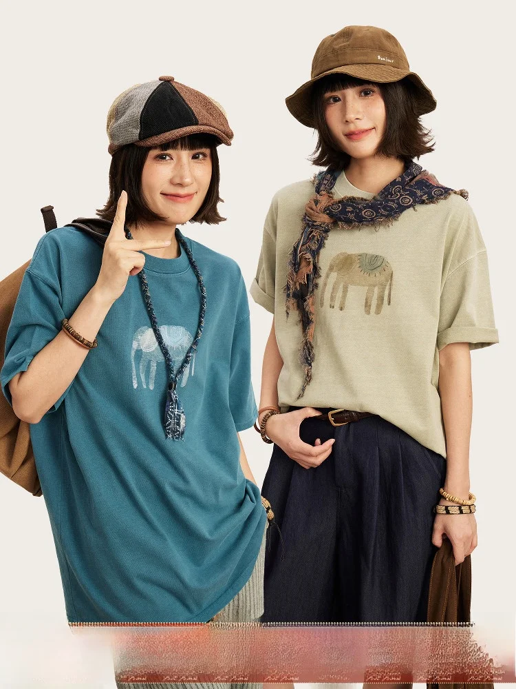 

Hand-Painted Pure Cotton Short-Sleeve T-Shirt Fun Elephant Print Casual Loose Fit Spring Summer Women's Fashion Top