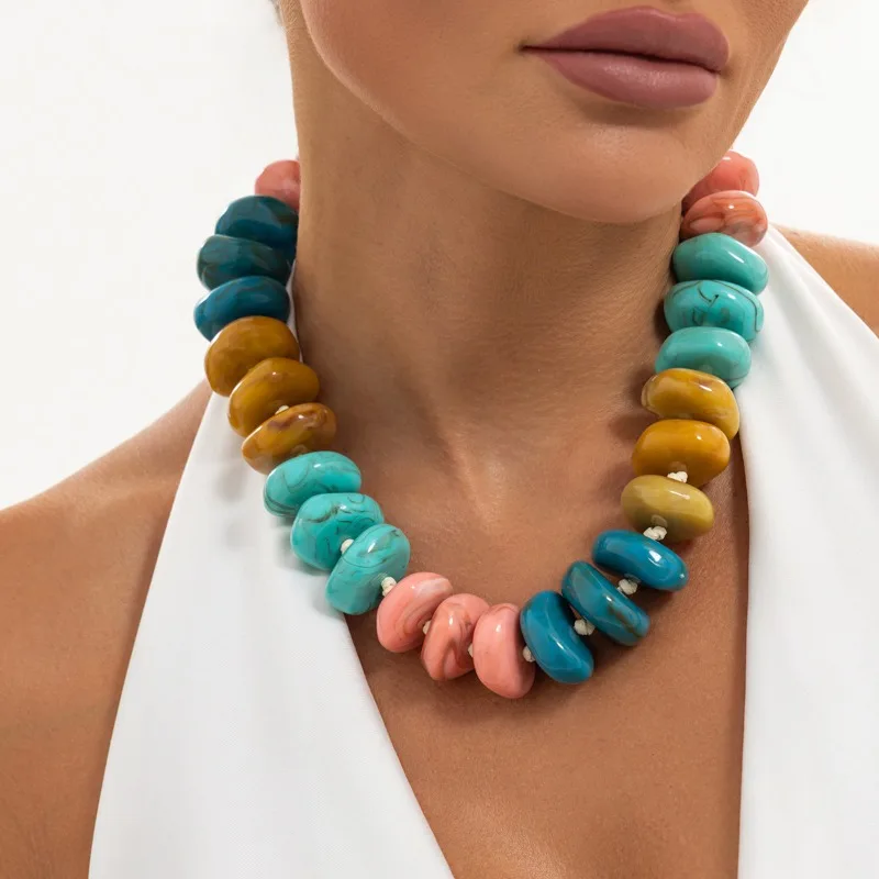 Boho Chunky Resin Beaded Necklace for Women Multicolor Swirl Disc Beads Ethnic Statement Choker Adjustable Chain Party Jewelry