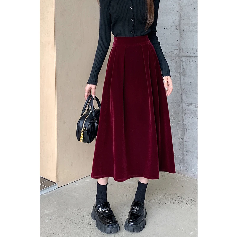 

MEXZT Vintage Velvet Midi Skirt Women Elegant Black Pleated Skirts Fall Winter Christmas Korean High Waist Casual A Line Skirt