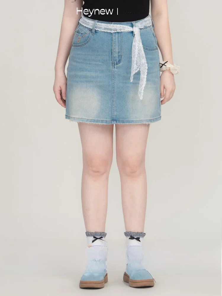 

Heynew plus Size Women's Lace Belted Denim Skirt A-Line Skirt High Waist Cotton Blend Summer New Sle for All Body pes