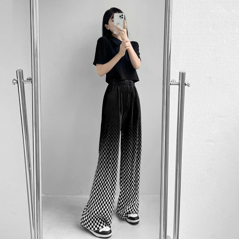 

Women 2024 Summer New Fashion Gradient Wide-leg Pants Female Loose High Waist Pants Ladies Long Casual Plaid Trousers N38