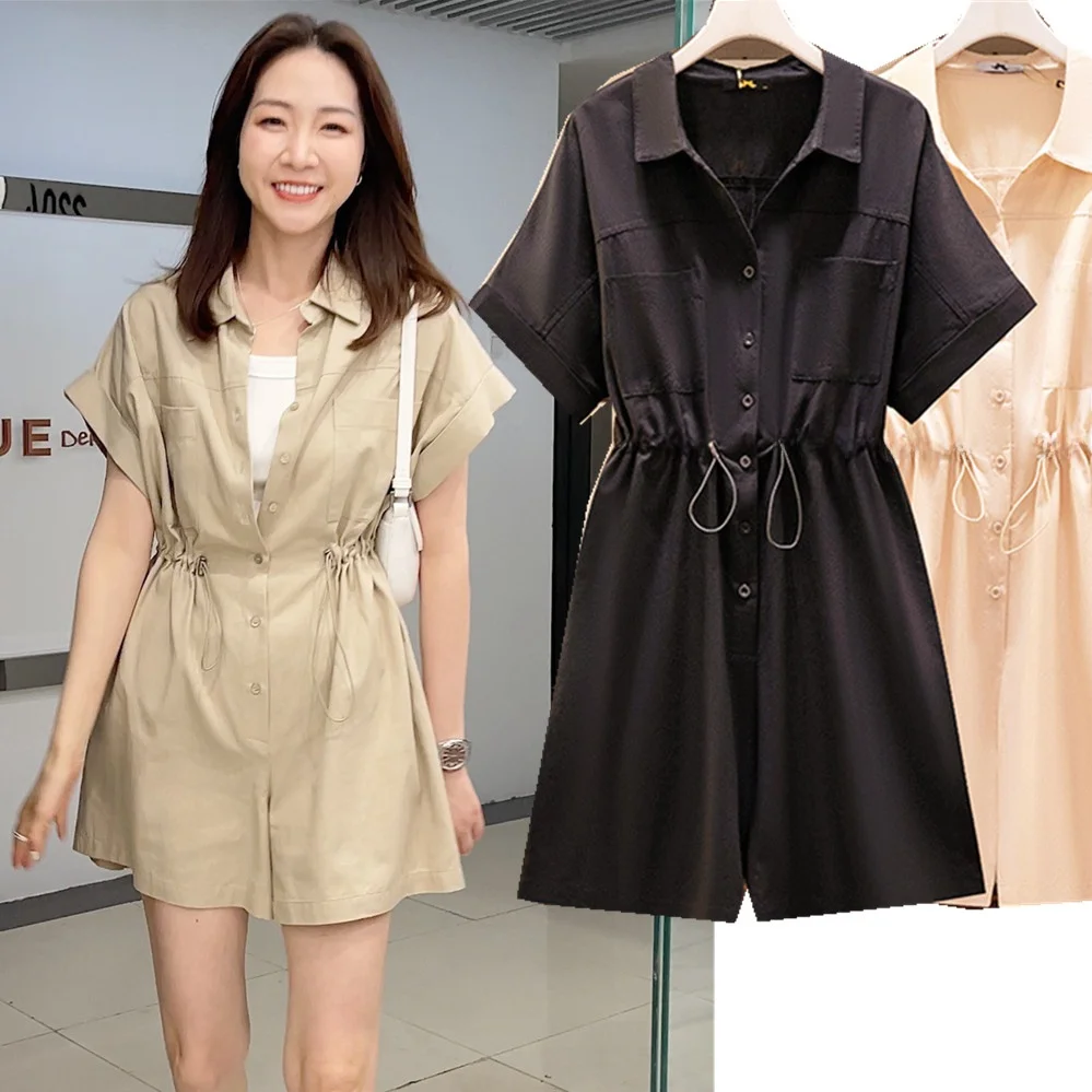 بنطلون نسائي صيفي بخصر مرتفع وياقة، مقاس كبير، قماش قطني، طول خمس بوصات