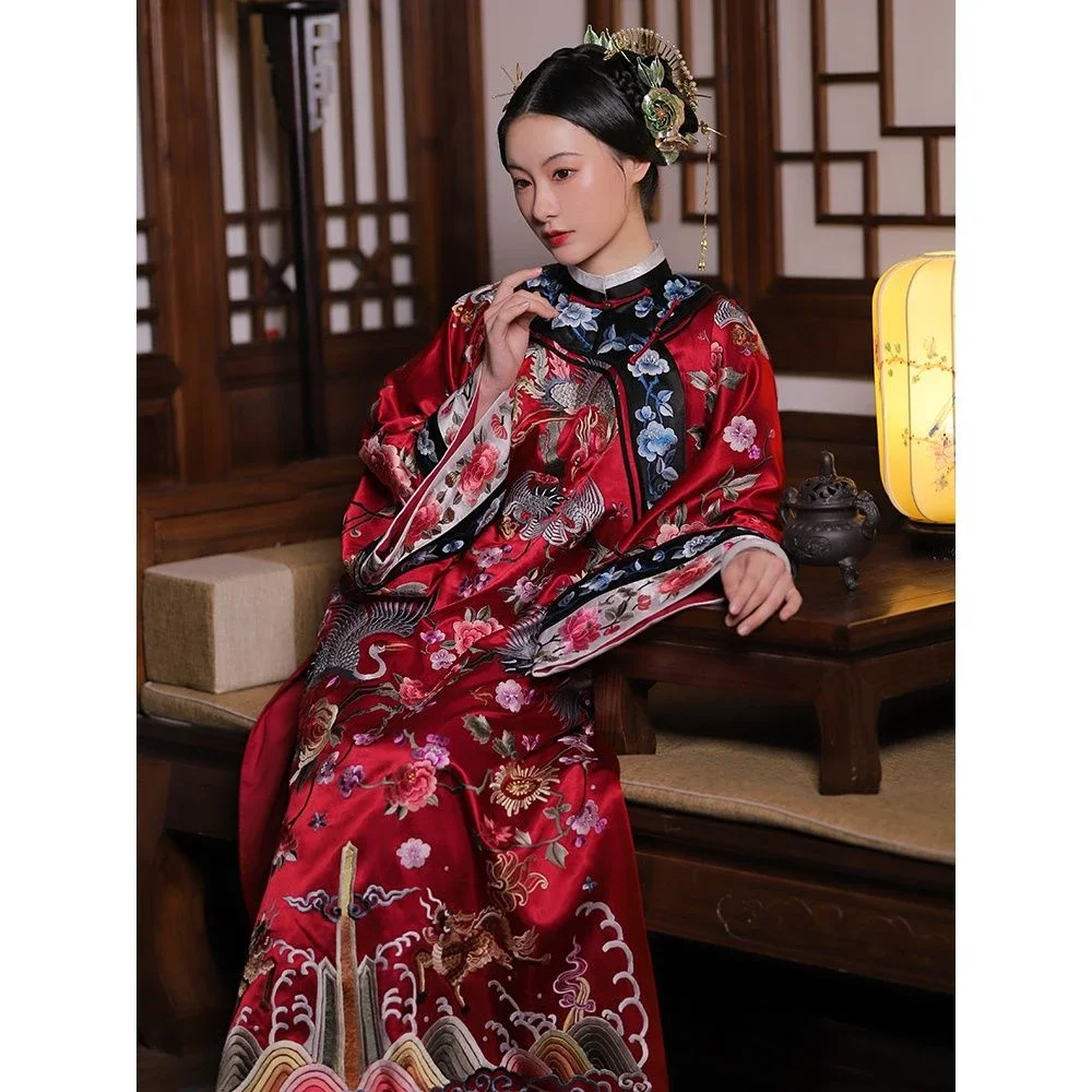 Qing Dynasty Imitation Round Neck Printed Large Sleeve Long Qipao Dress Female Chinese Traditional Red Satin Cheongsam Cloak