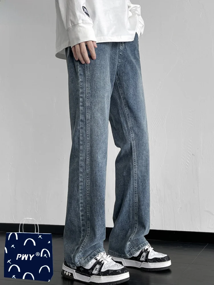العصرية الأمريكية الرجعية متوهج الجينز الرجال الصيف فضفاض مستقيم شارع العليا ثنى واسعة الساق سراويل تقليدية ملابس الشباب القطن الدنيم